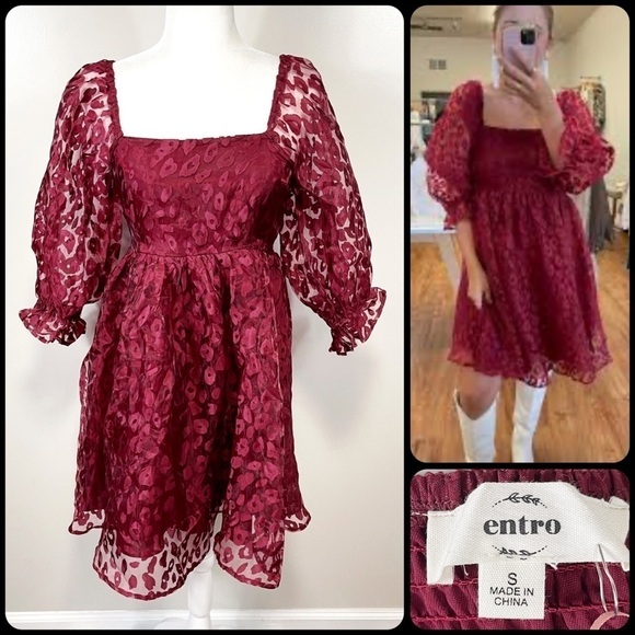ENTRO Maroon Animal Print Square Neck 3/4 Sleeve Mini Dress - SMALL - Picture 1 of 14